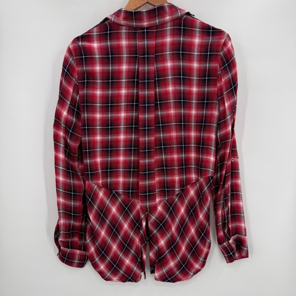 Sam‎ Edelman Plaid Button Down Shirt Women's Medium Red Roll tab zip shoulders - Picture 3 of 8